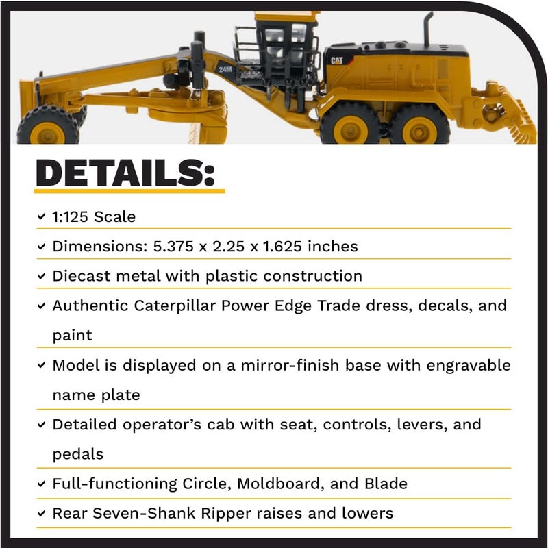 Diecast Masters 1:125 Caterpillar 24M Motor Grader, Elite Series Cat Truck | Scale Model Collectible Construction Trucks Truck, 85539 - Image 4